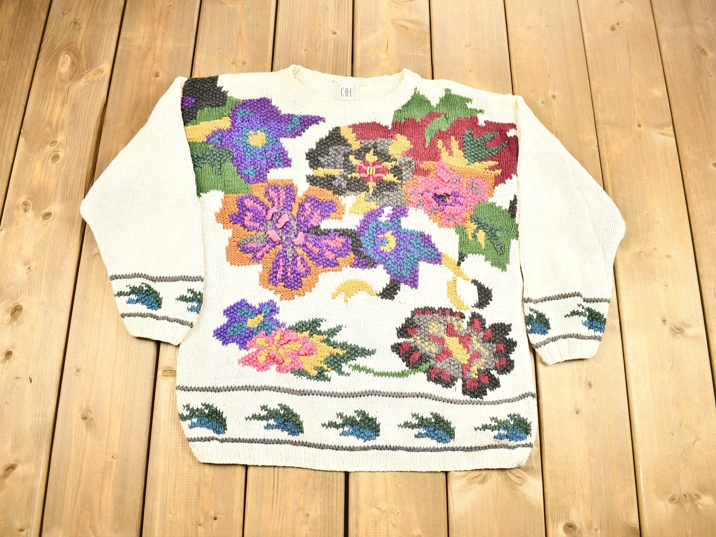 Vintage 1990s Hand Knitted All Over Graphic Crewneck Sweater