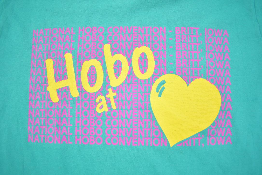 Vintage 1990s National Hobo Convention Graphic T Shirt Made In USA / Screen Stars Best / Neon