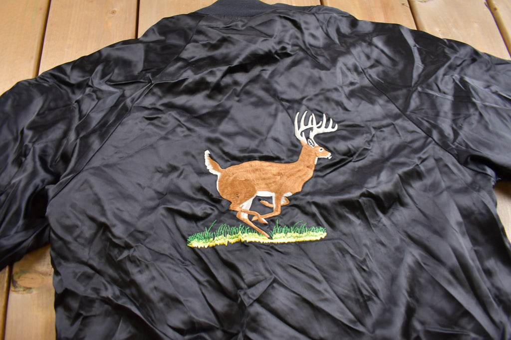 Vintage 1980s Deer Embroidered Satin Bomber Jacket
