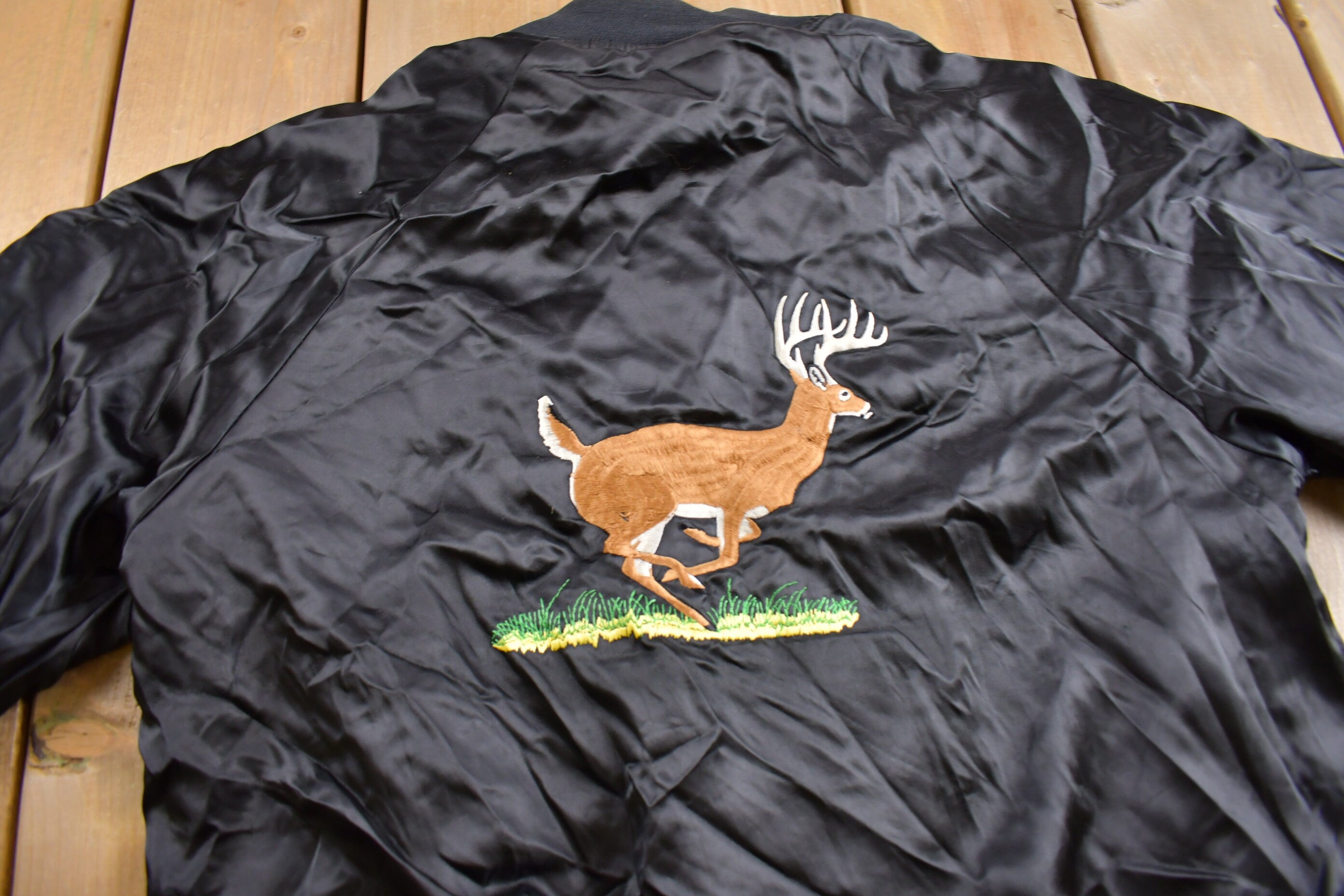Vintage 1980s Deer Embroidered Satin Bomber Jacket
