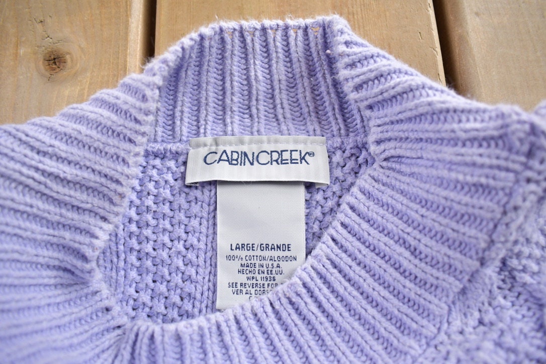 Vintage 1980s Cabin Creek 3D Purple Cable Knit Crewneck Sweater Size Womens L