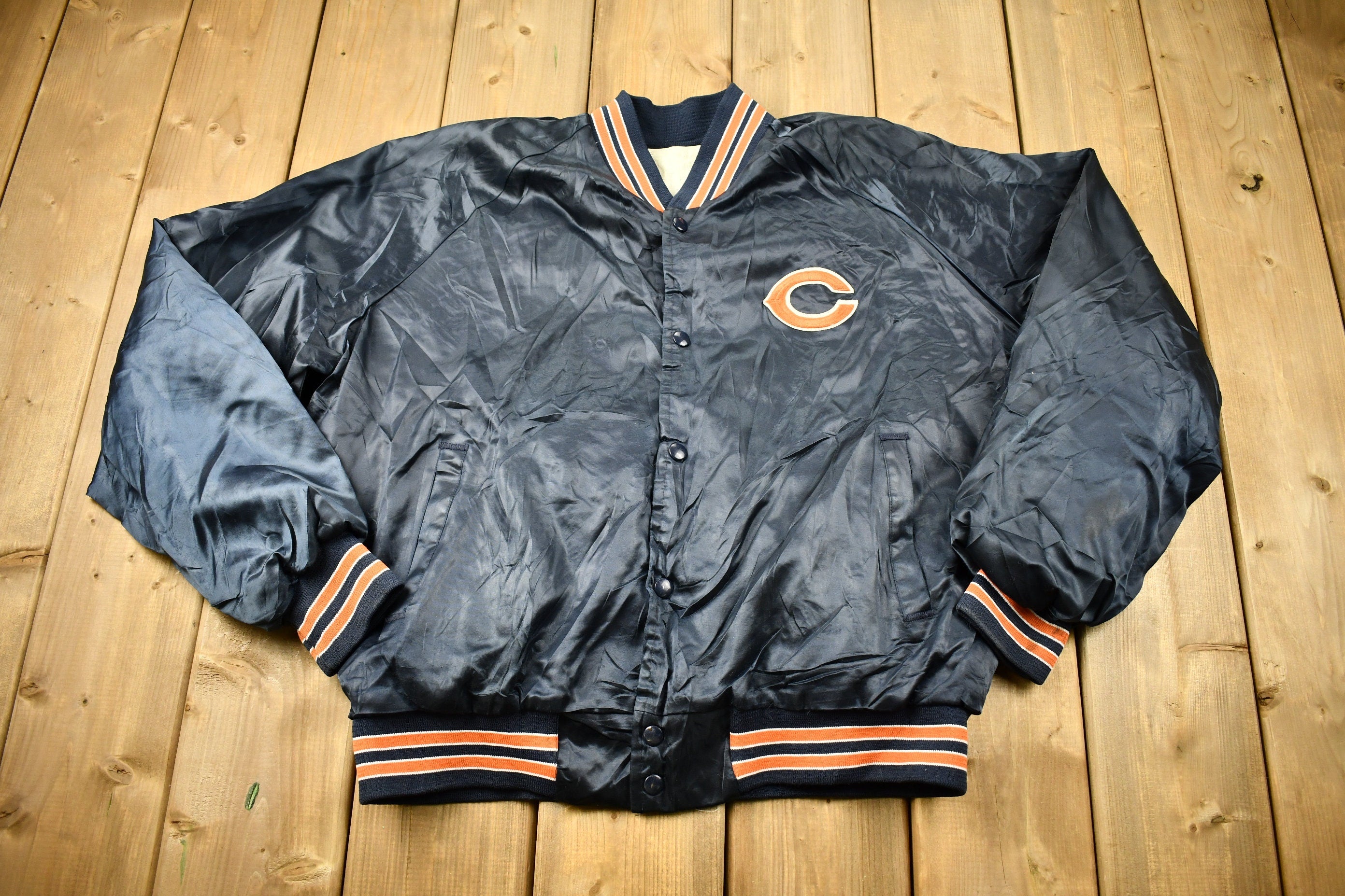 Vintage 1980s Chicago Bears NFL Satin Snap Button Bomber Jacket