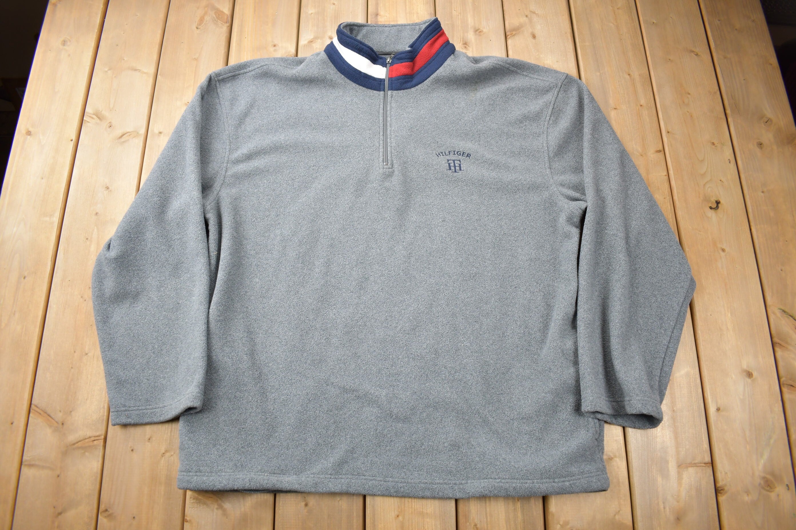 Vintage 1990s Tommy Hilfiger Flag Collar Quarter Zip Fleece Sweater  Vintage Tommy  90s Sweater  Streetwear  Athleisure  Hilfiger