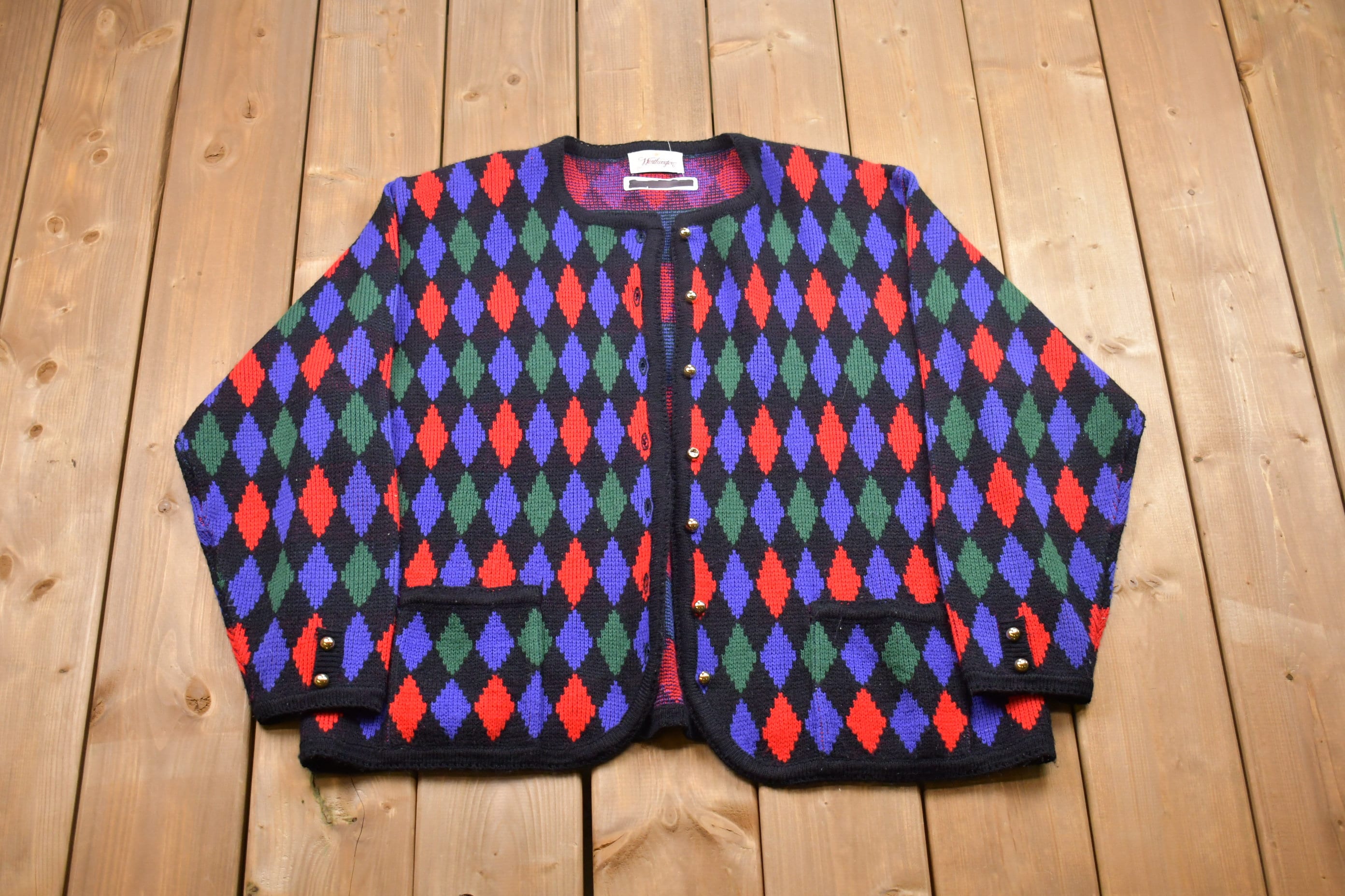 Vintage Worthington Knitted Diamond Pattern Cardigan Sweater