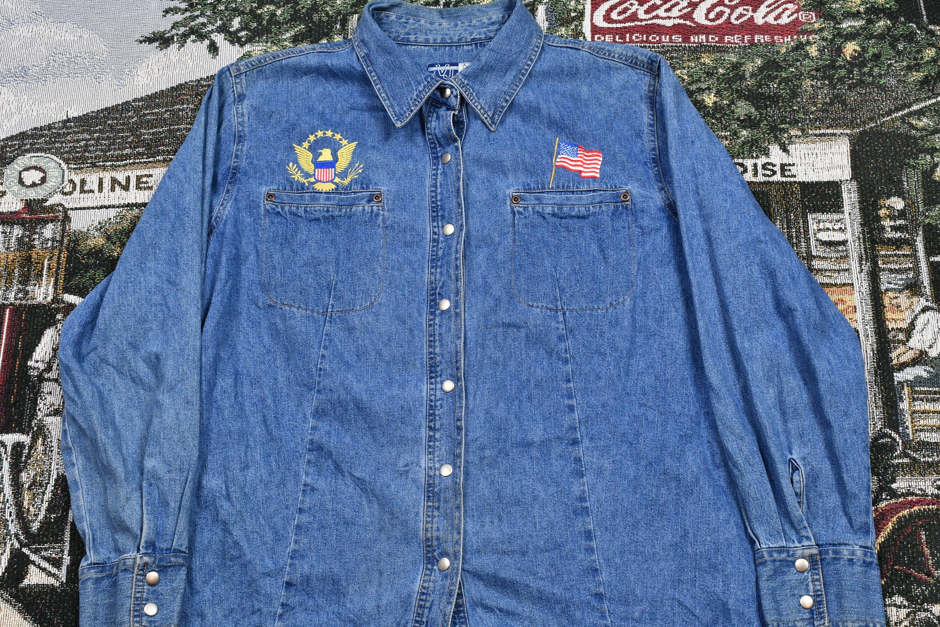 Venezia 1990s Embroidered Denim Snap Button Jean Shirt