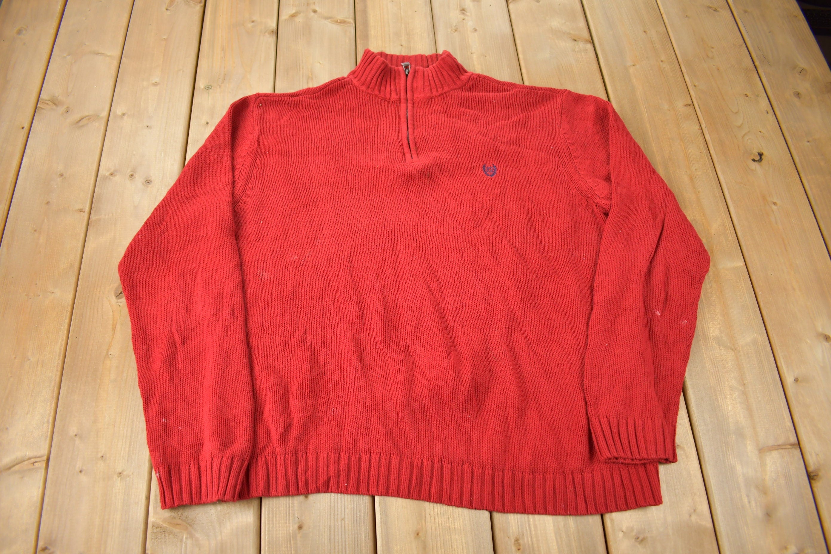 Vintage Y2K Chaps Embroidered Logo Quarter Zip Knit Sweater Size L