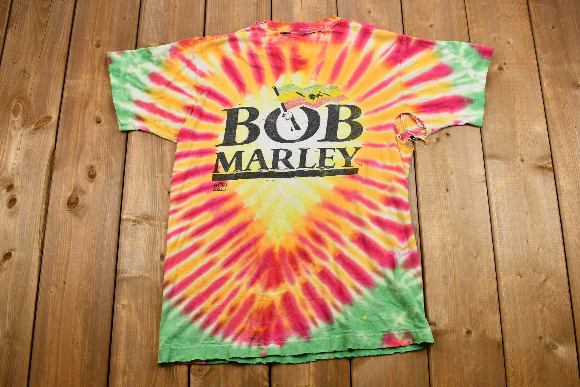 Vintage Early 1990s Thrashed Bob Marley Confrontation Tie Dye T-Shirt