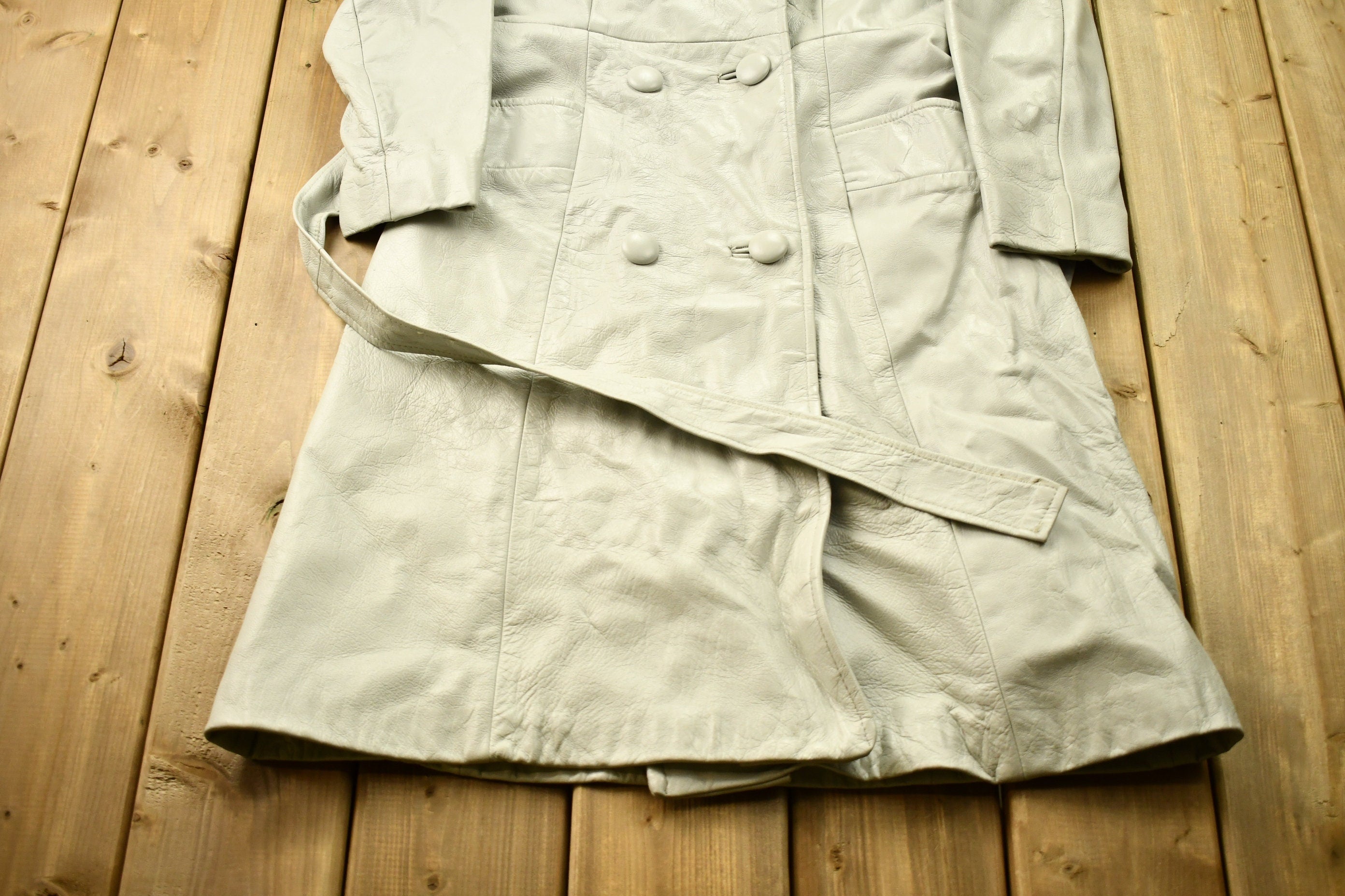 Vintage 1970s Off White Leather With Grey Fox Trim Penny Lane Trench Coat