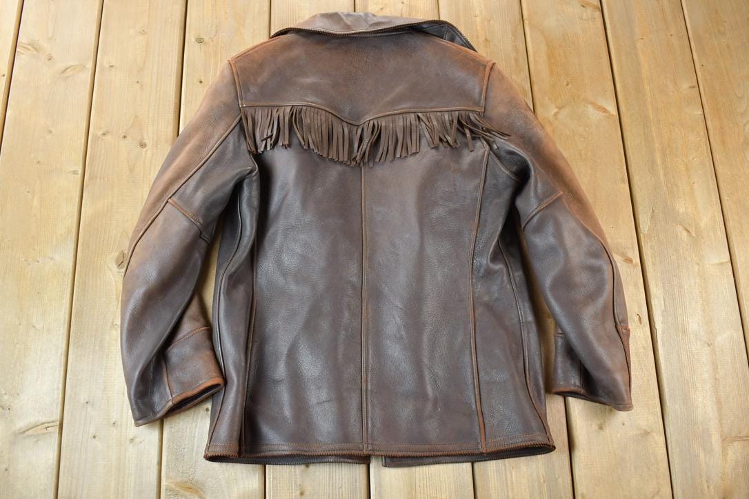Vintage 1940s Bee Jay Leather Fringe Buckskin Riding Jacket Made In USA