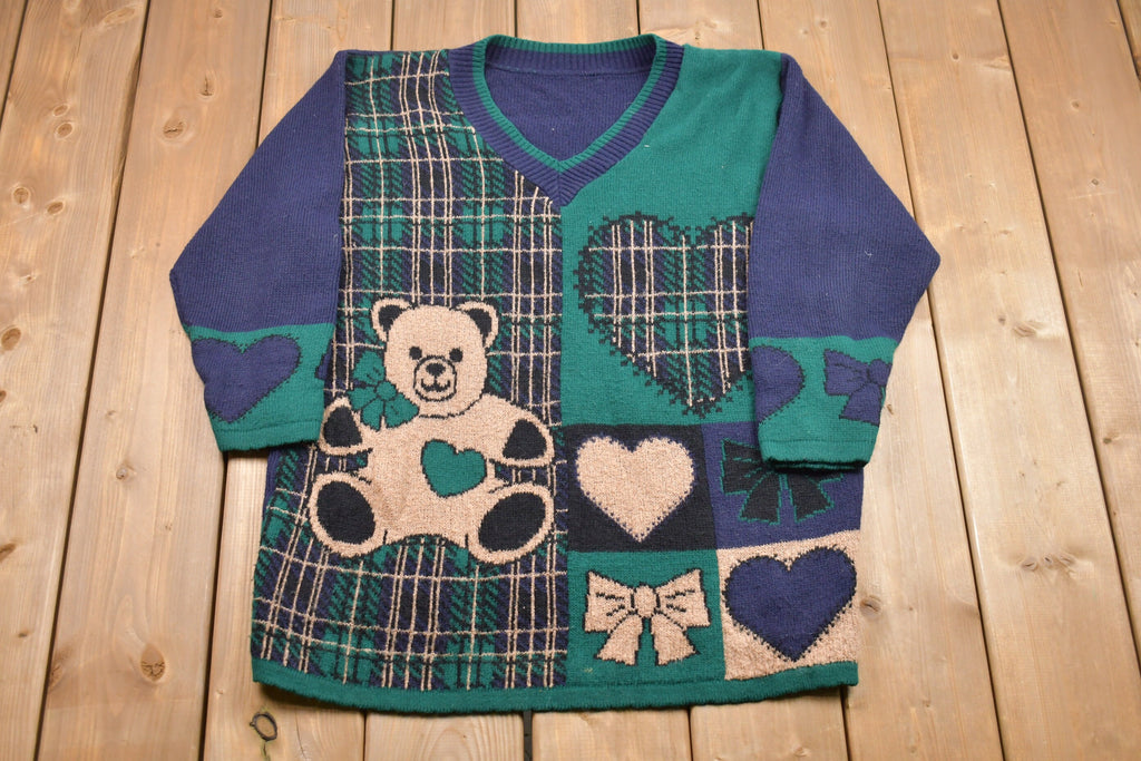 Vintage Cute teddy Bear Plaid V-Neck Knitted Sweater