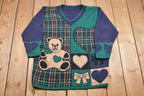 Vintage Cute teddy Bear Plaid V-Neck Knitted Sweater