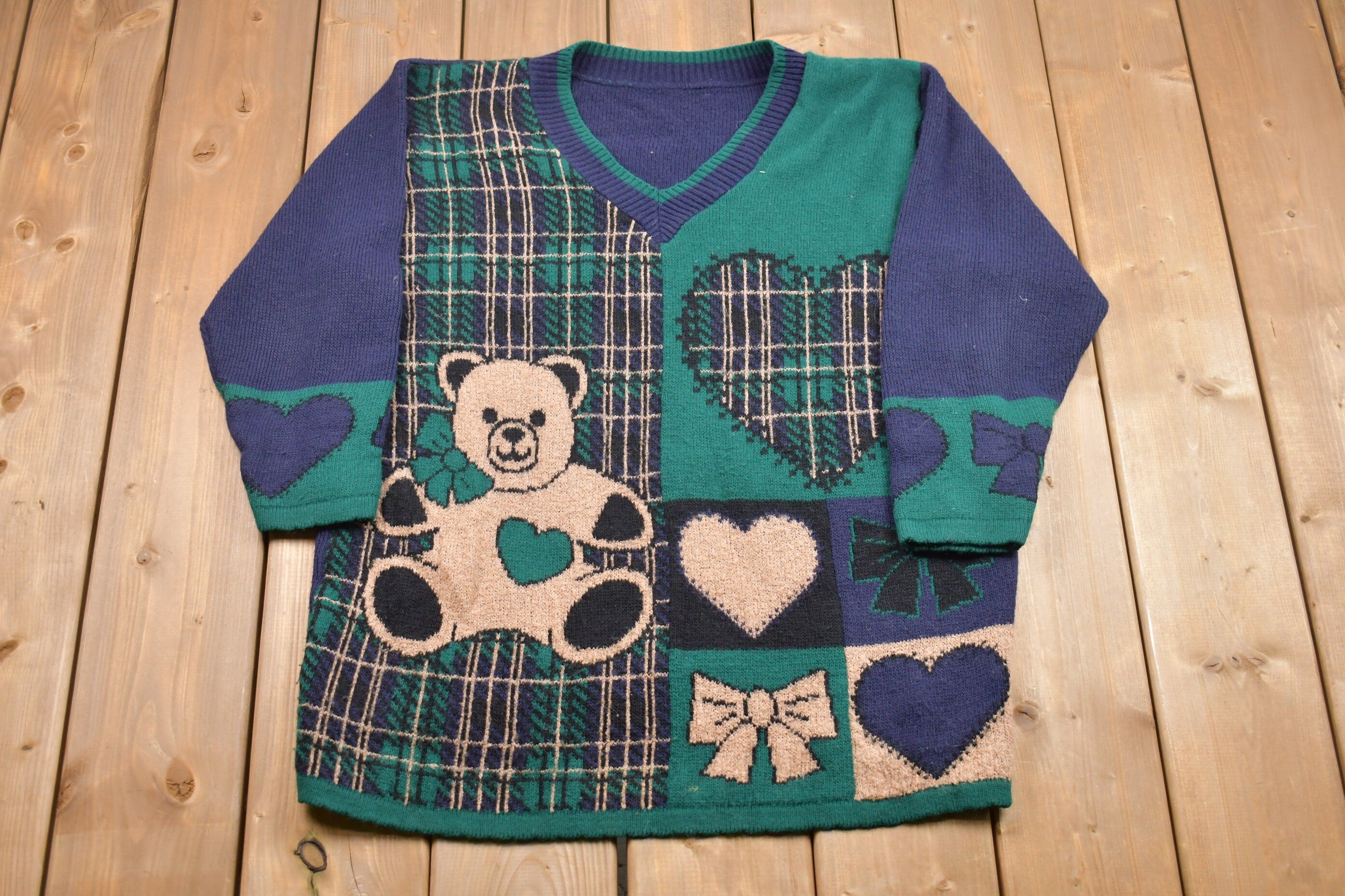 Vintage Cute teddy Bear Plaid V-Neck Knitted Sweater