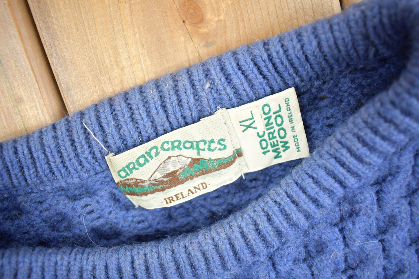 Vintage 1980s Aran Crafts 100% Merino Wool 3D Cable Knit Sweater / Made In Ireland / Blue Wool Sweater