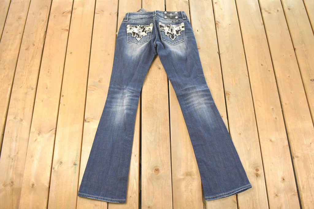 Vintage Deadstock Y2K Miss Me Bedazzled Low Rise Jeans Women's Size 26x31 / Boot Cut Jeans / 2000's Embroidered Contrast Stitched Denim