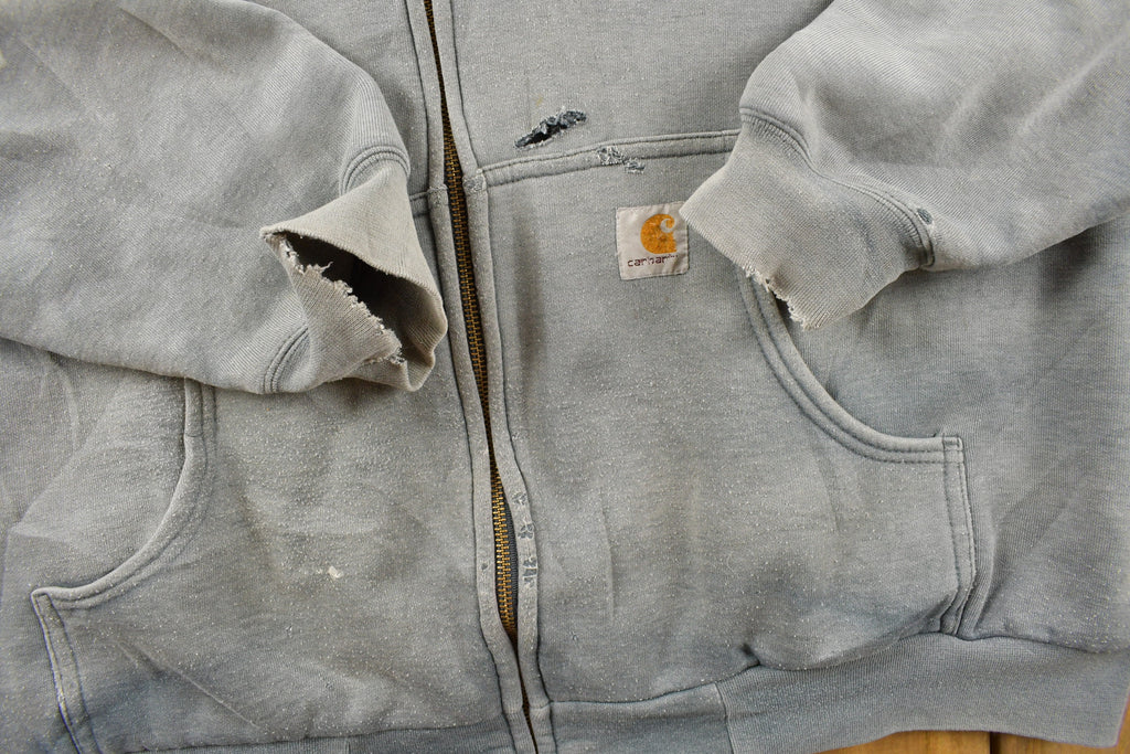 Vintage 1990s Distressed Carhartt Heavy Weight Sun Faded Blue Zip Up Hoodie