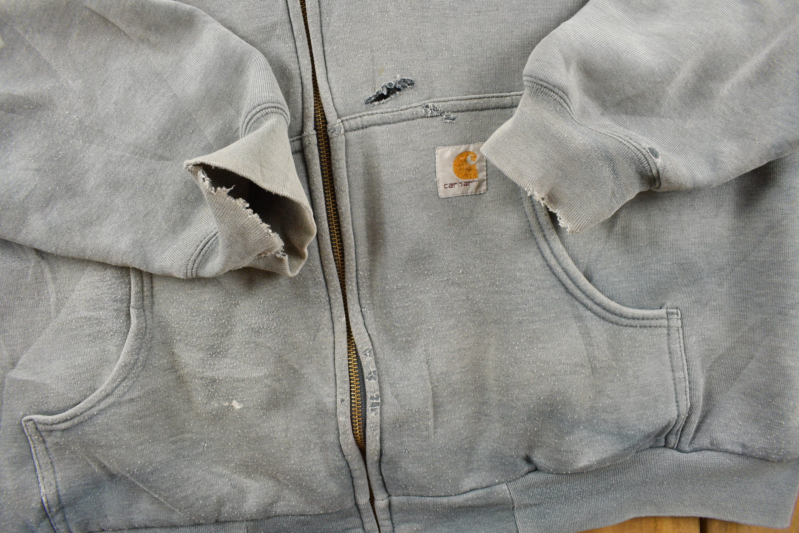 Vintage 1990s Distressed Carhartt Heavy Weight Sun Faded Blue Zip Up Hoodie
