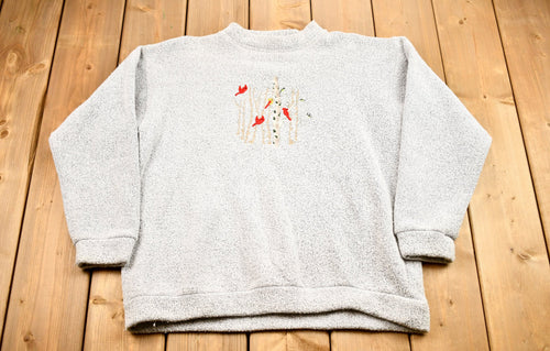 Vintage 1990s Bird & Trees Embroidered Graphic Crewneck / Vintage Nature Sweatshirt / Fleece Sweatshirt / Streetwear / Made In USA