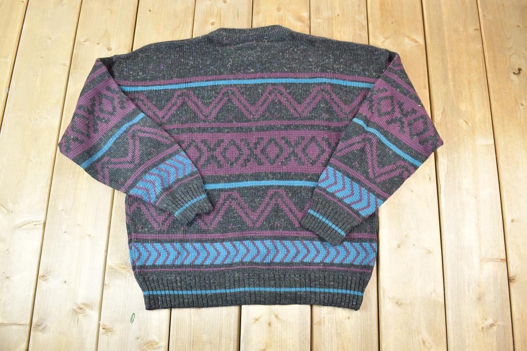 Vintage 1990s Functionals Knit Abstract Pattern Crewneck Sweater Made In USA 90s Crewneck