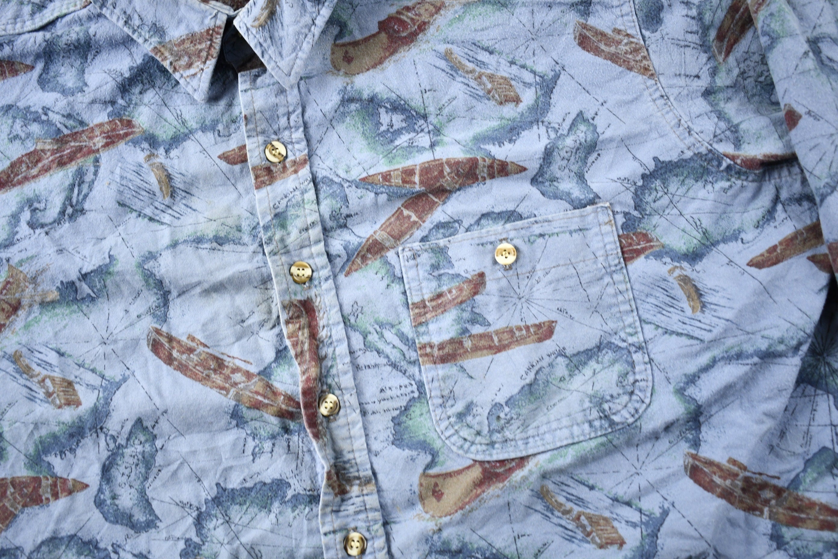 Vintage 1990s Canoe Graphic All Over Print Button Up Shirt
