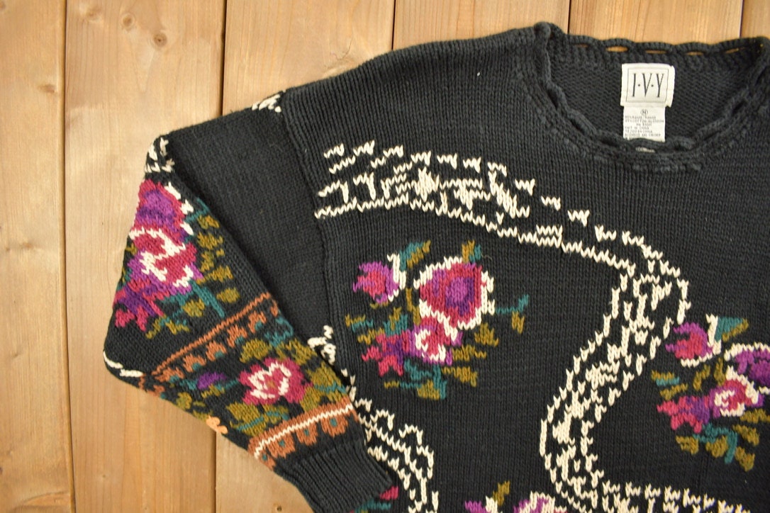 Vintage 1990s Abstract Floral Knit Crewneck Sweater
