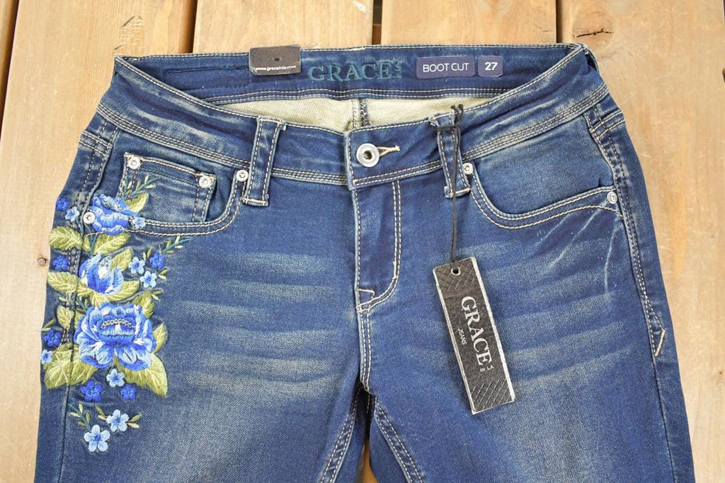 Vintage Deadstock Y2K Grace In LA Bedazzled Low Rise Jeans Women's Size 27 x 32 / Bootcut Jeans / 2000's Embroidered Contrast Stitched Denim