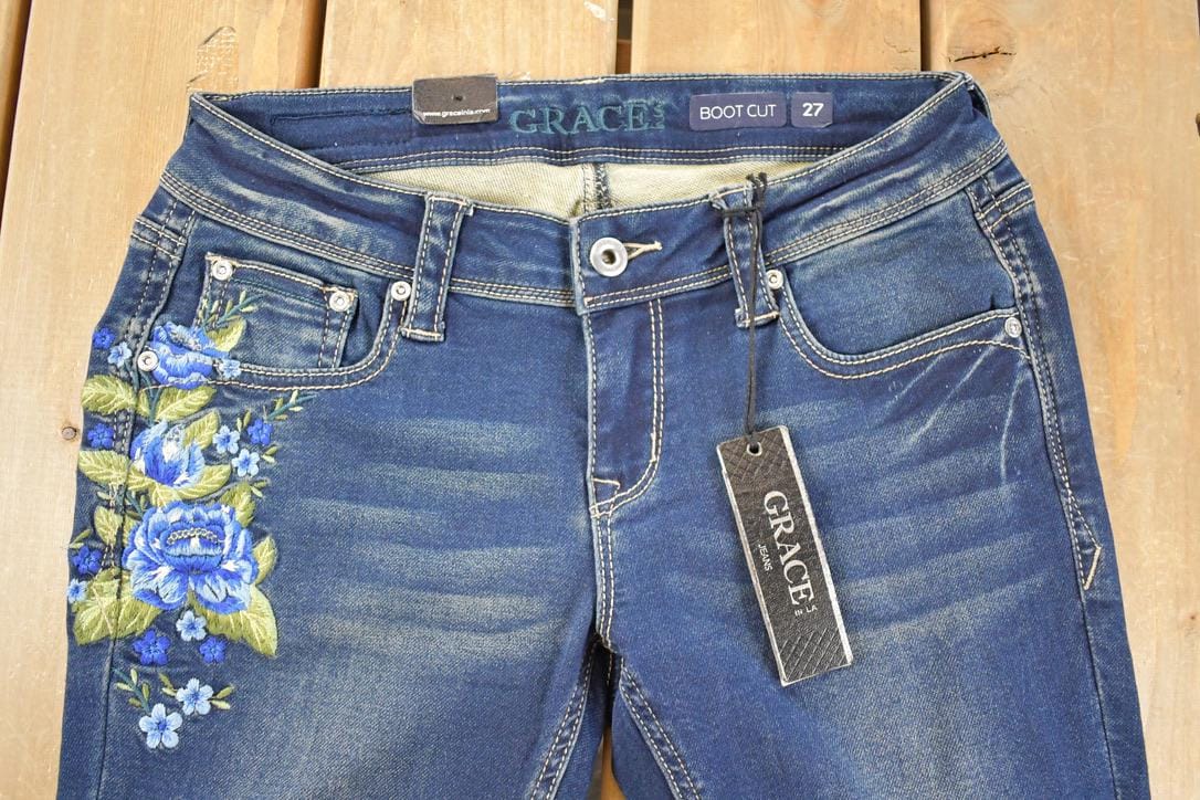 Vintage Deadstock Y2K Grace In LA Bedazzled Low Rise Jeans Women's Size 27 x 32 / Bootcut Jeans / 2000's Embroidered Contrast Stitched Denim
