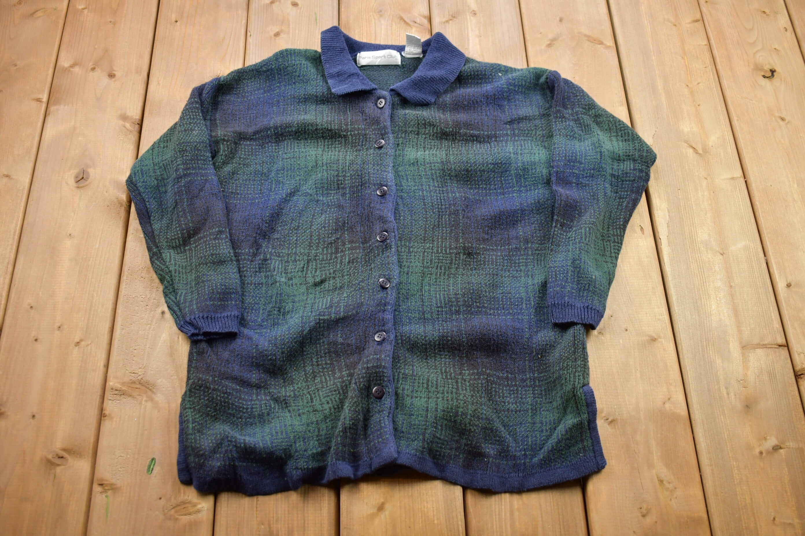 Vintage 1990s Plaid Knitted Button Up Collared Sweater