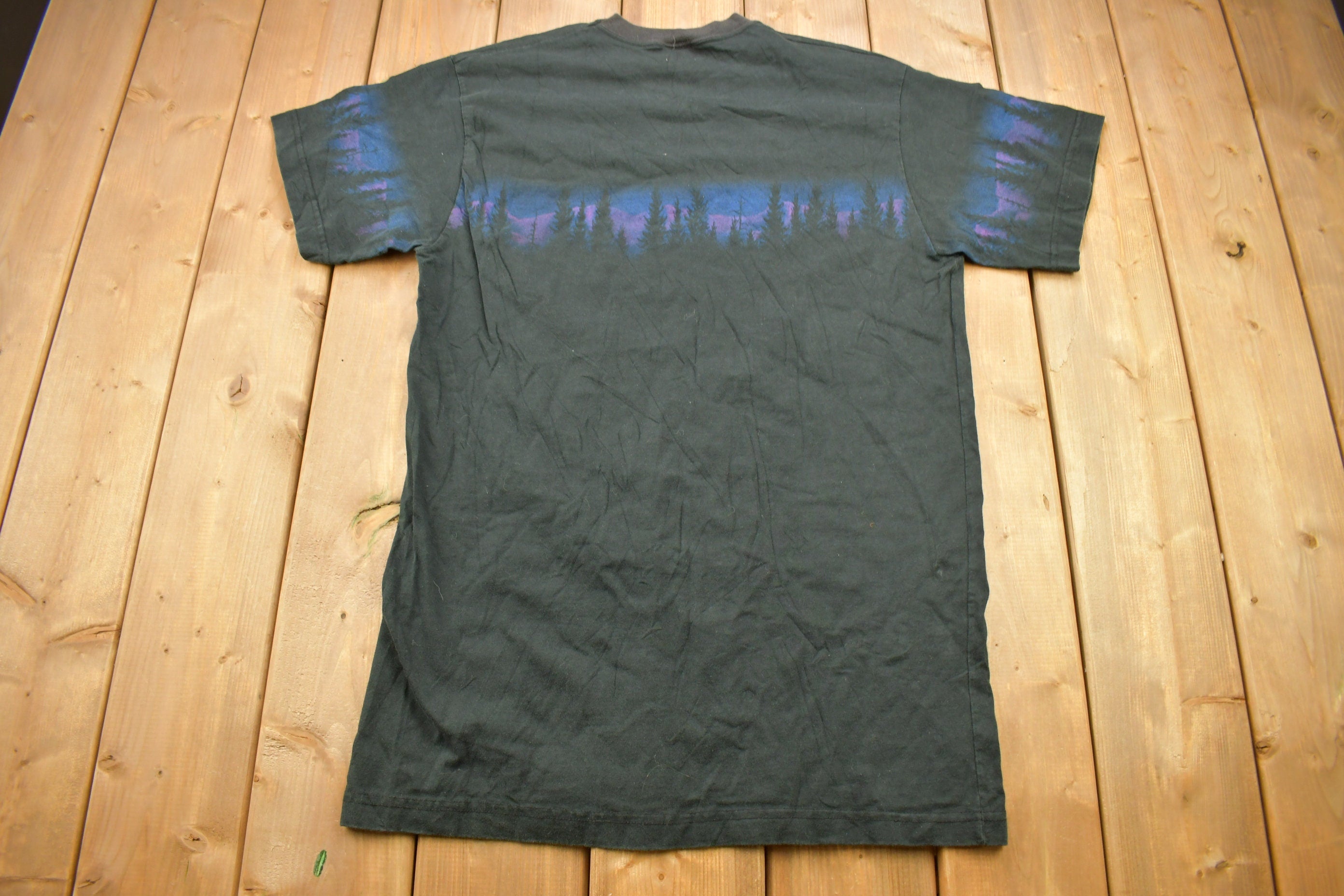 Vintage 1990s Wolf Theme All Over Print Graphic T-Shirt Made In USA