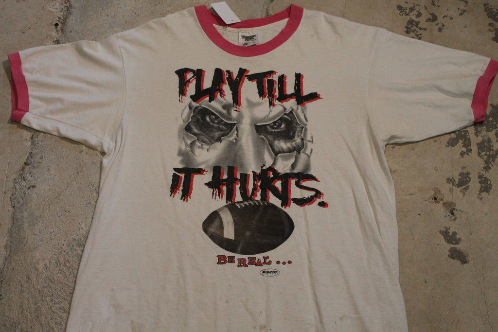 Vintage 1990s Play Till It Hurts Football Graphic Ringer T Shirt