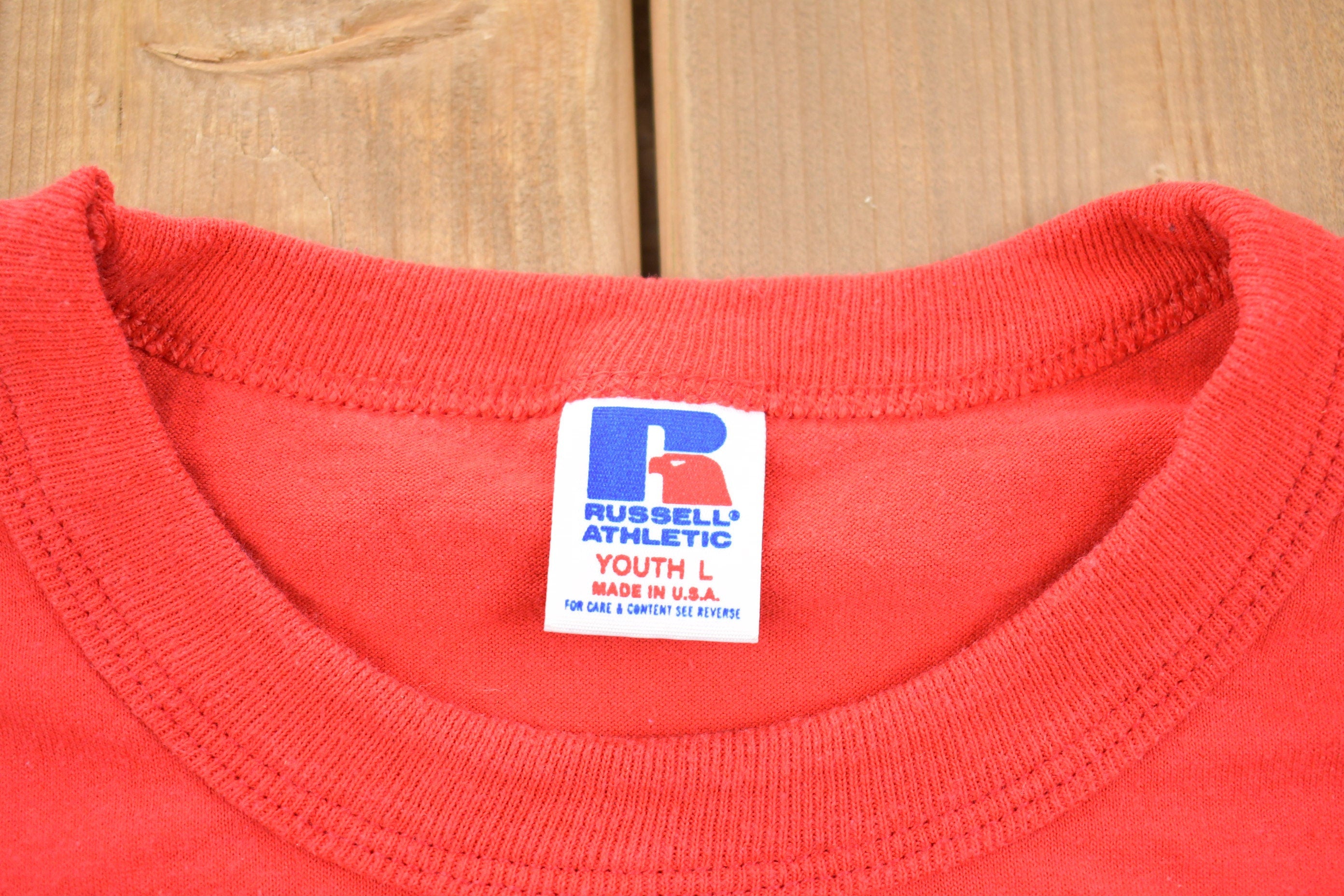 Vintage 1980s Kids Russell Athletic Maple Grove Soccer Graphic T-Shirt