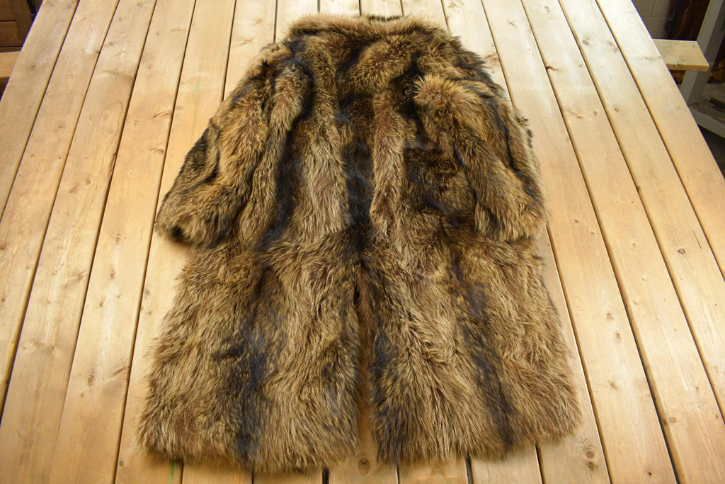 Vintage 1970s Brown Racoon Fur Plaid Lined Coat Men's Large