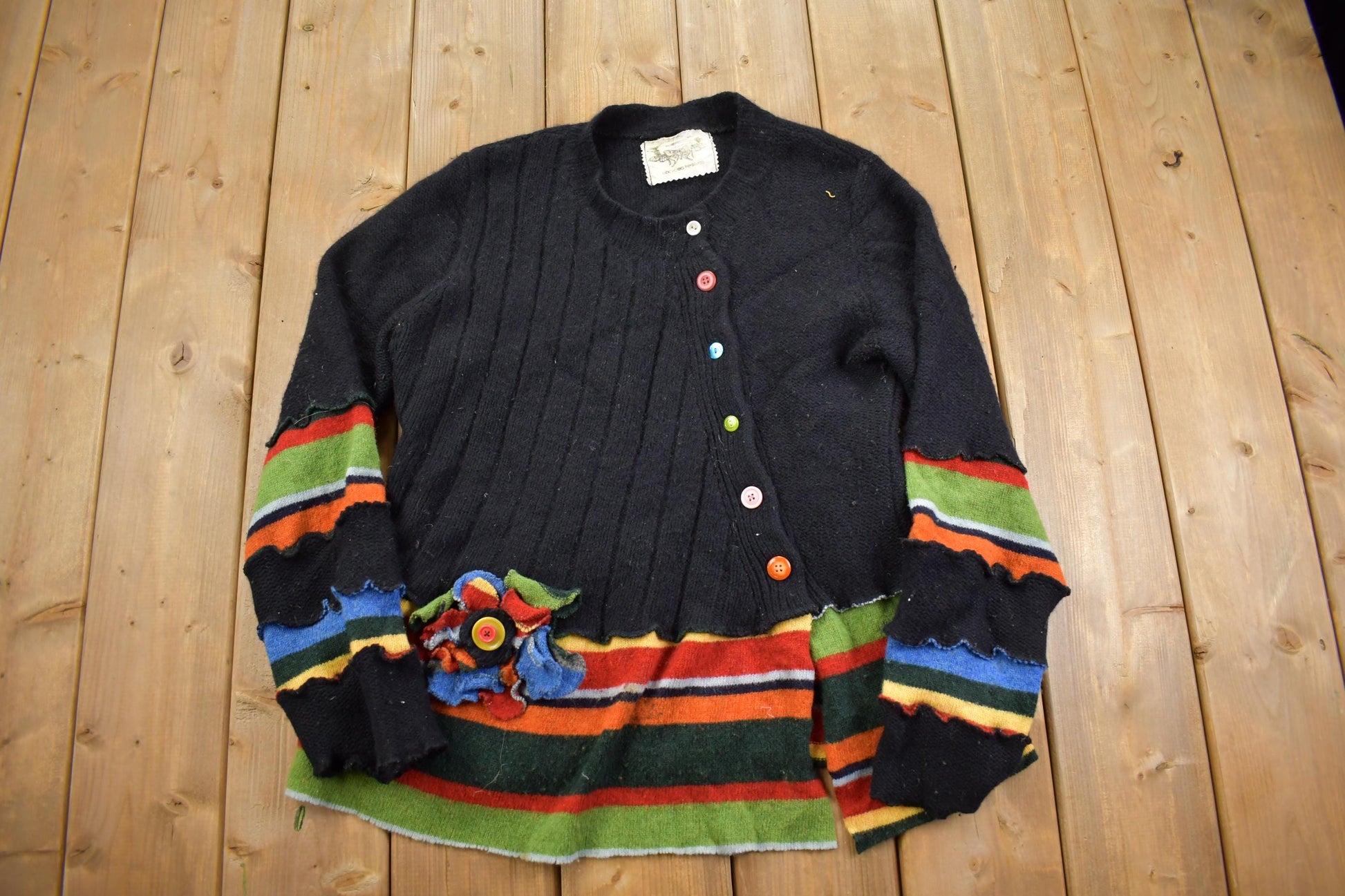 Vintage 1980s Upcycled Treasures 3D Flower Knit Cardigan Sweater