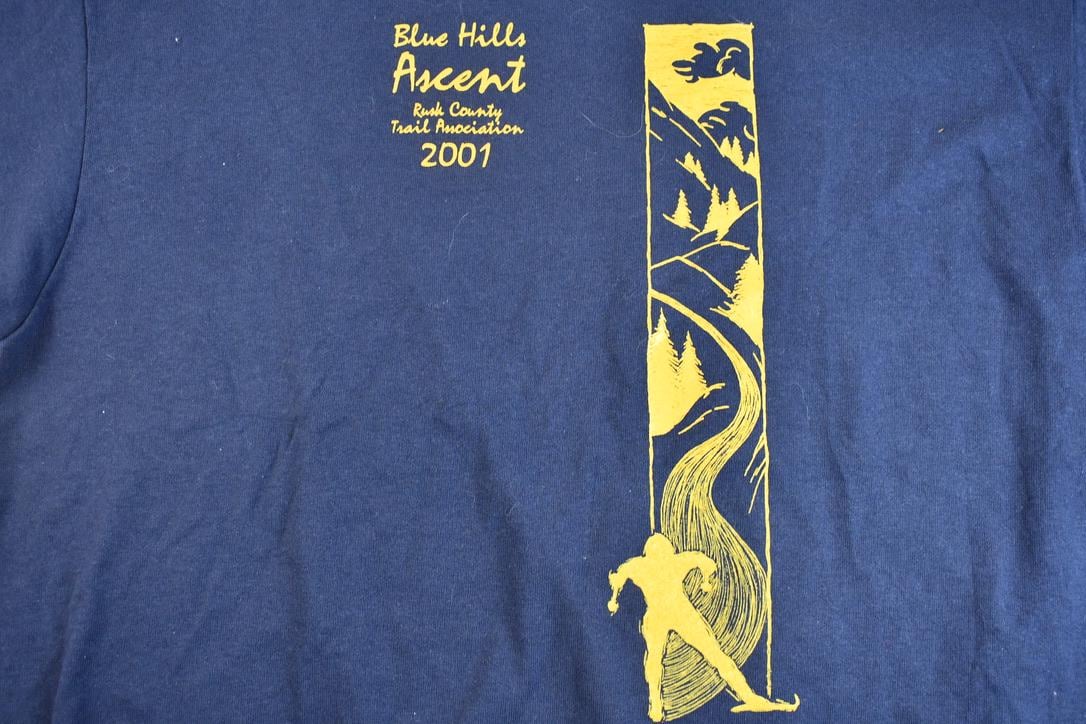 Vintage 2001 Navy Blue Cotton Deluxe Blue Hills Ascent Long Sleeve Graphic Mock Neck T-Shirt