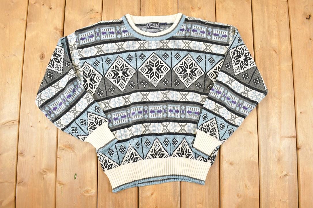 Vintage 1990s Van Heusen AOP Winter Knit Crewneck Sweater Men's M