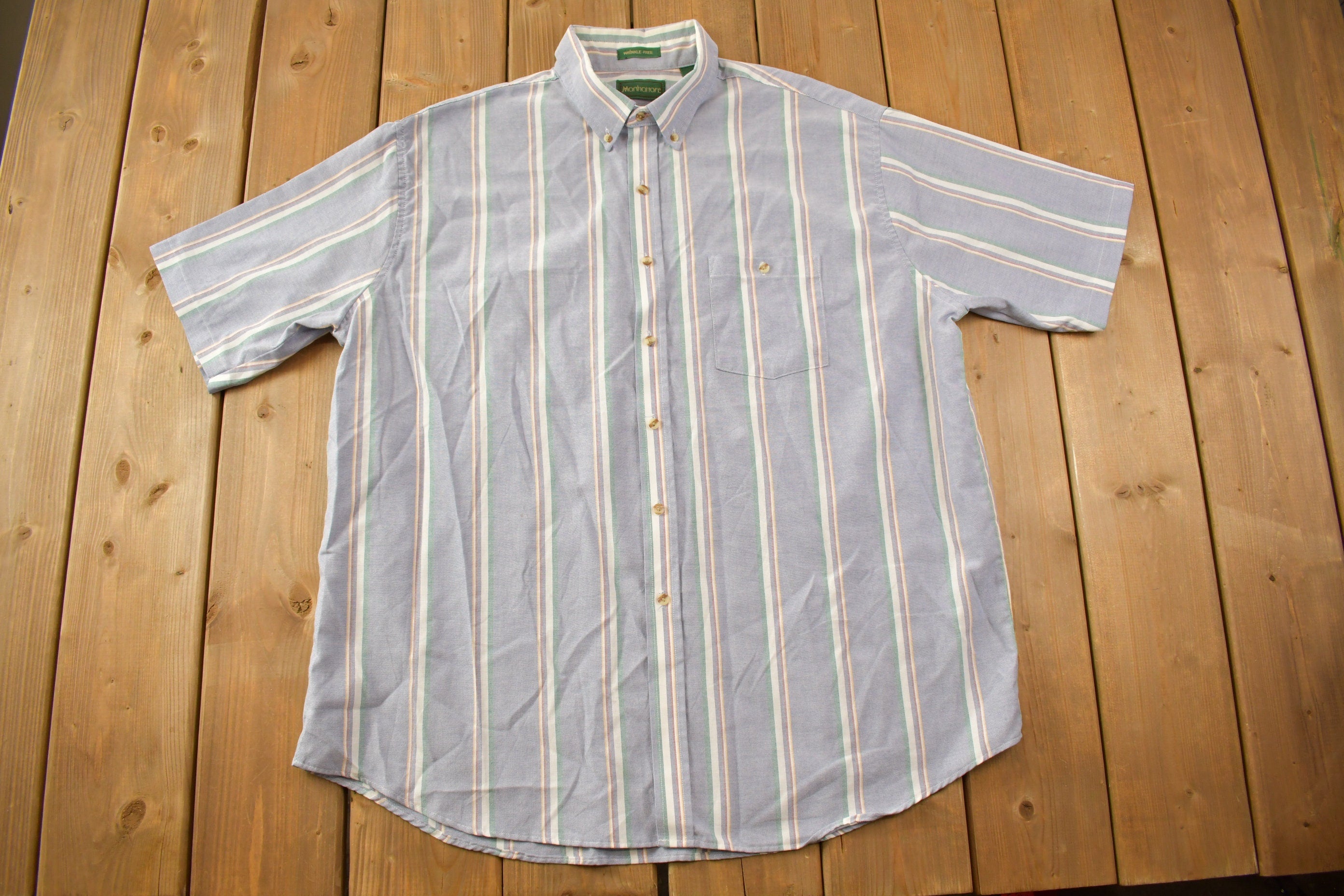 Vintage 1990s Vertical Striped Manhattan Short Sleeve Button Down Shirt