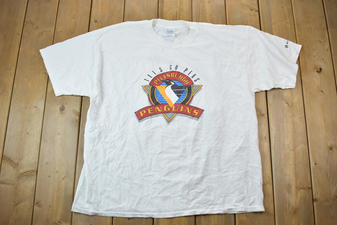 Vintage 1990s Pittsburgh Penguins Lets Go Pens NHL Graphic T-Shirt
