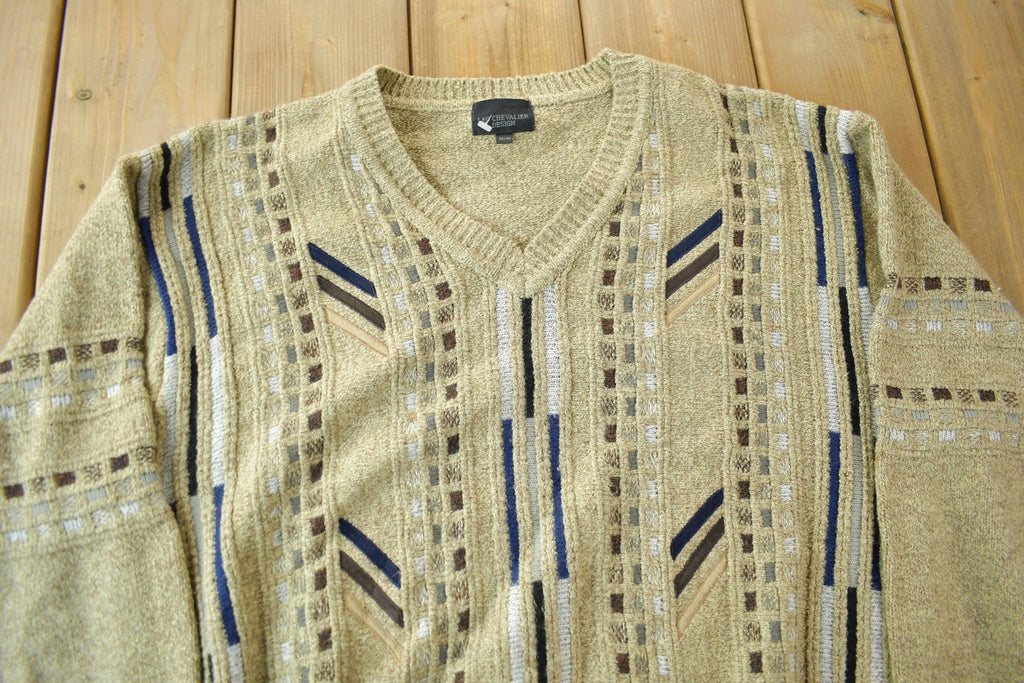 Vintage 1990s Leo Chevalier Cable Knit V-Neck Sweater / Vintage Cable Knit / Abstract Patterns / Size Medium