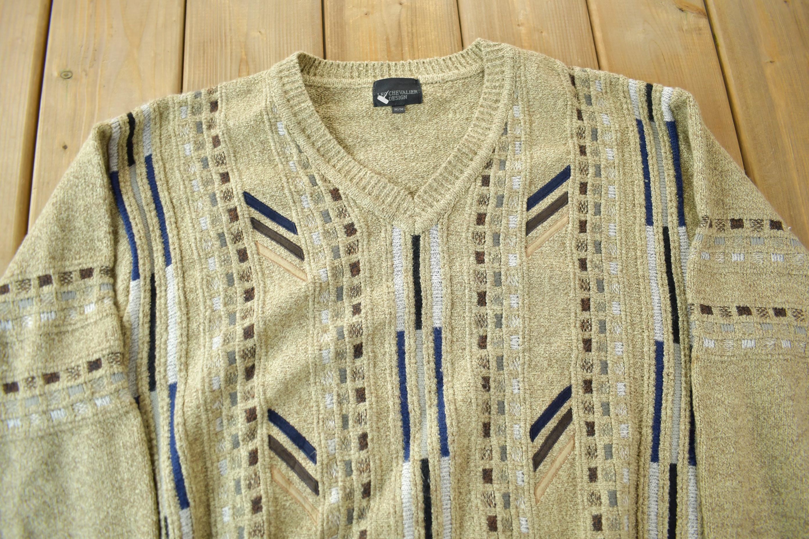 Vintage 1990s Leo Chevalier Cable Knit V-Neck Sweater / Vintage Cable Knit / Abstract Patterns / Size Medium
