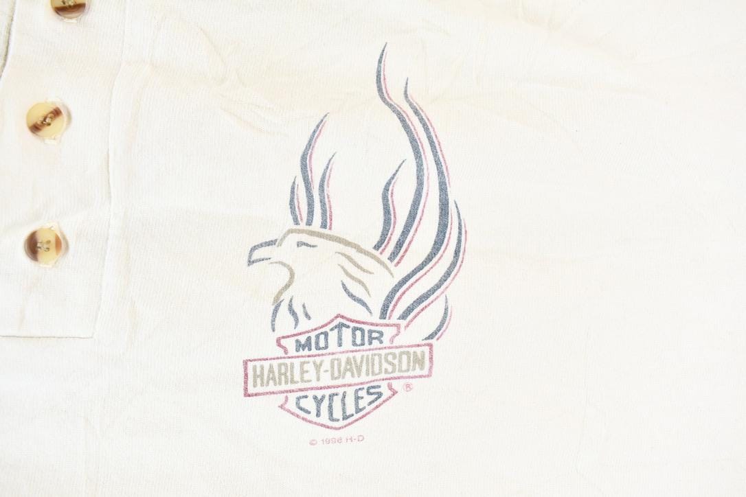 Vintage 1996 Harley Davidson Motorcycles Denver Colorado Single Stitch Short Sleeve Henley Graphic T-Shirt