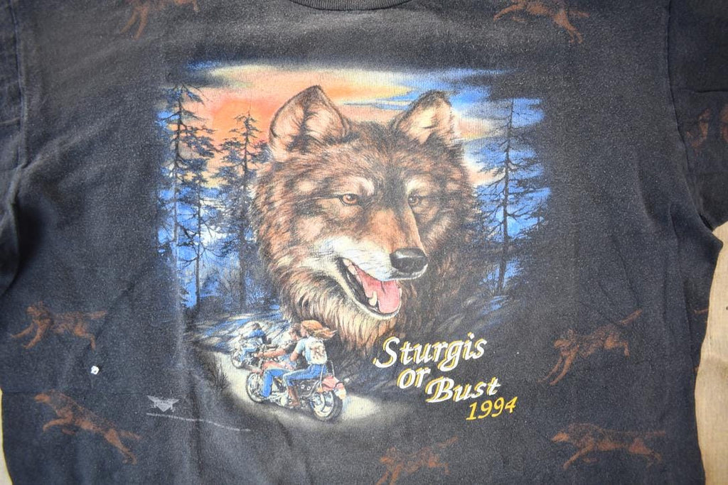 Vintage 1994 Sturgis Black Hills Rally 3D Emblem All Over Print Wolf Graphic Shirt