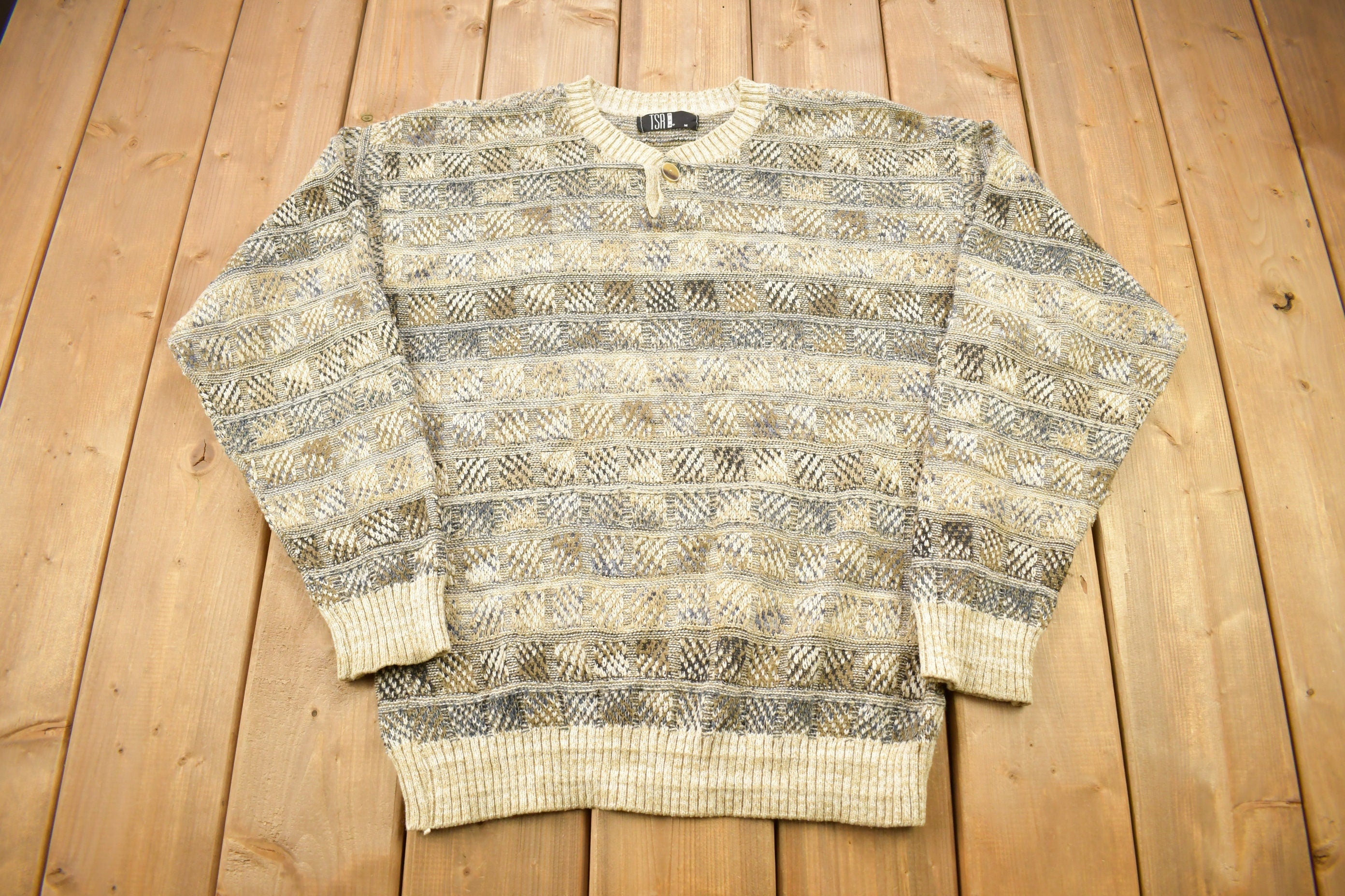 Vintage 1990s TSA USA Knitted Henley Sweater  Vintage 90s Crewneck  All Over Pattern  Colorful Sweatshirt  Abstract Pattern