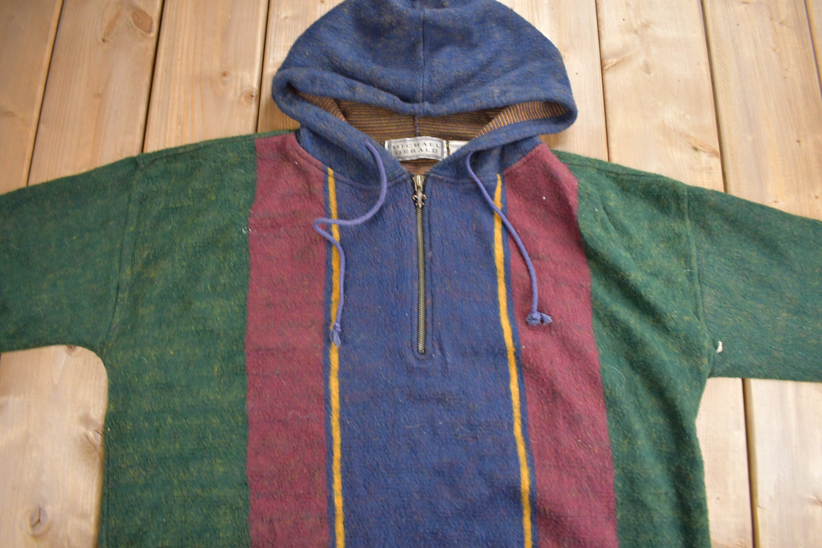 Vintage 1990s Michael Gerald Quarter Zip Striped Hoodie / 90s Hoodie / Vintage Sweater / Color Block / Size XLT