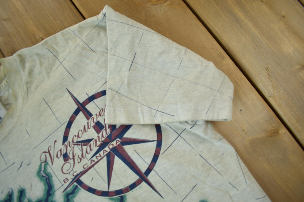 Vintage 1991 Vancouver Island All Over Print Map Graphic T Shirt