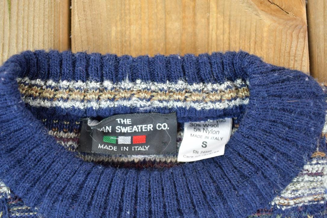 Vintage 1990s Italy Wool Blend Sweater Co Knit Abstract Pattern Crewneck Sweater Made In Italy