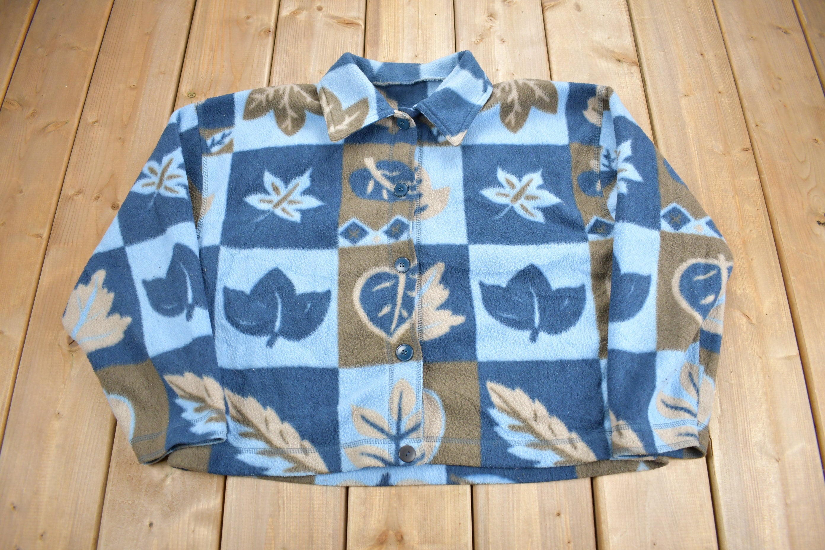 Vintage 1990s Leaves Theme All Over Print Fleece Sweater