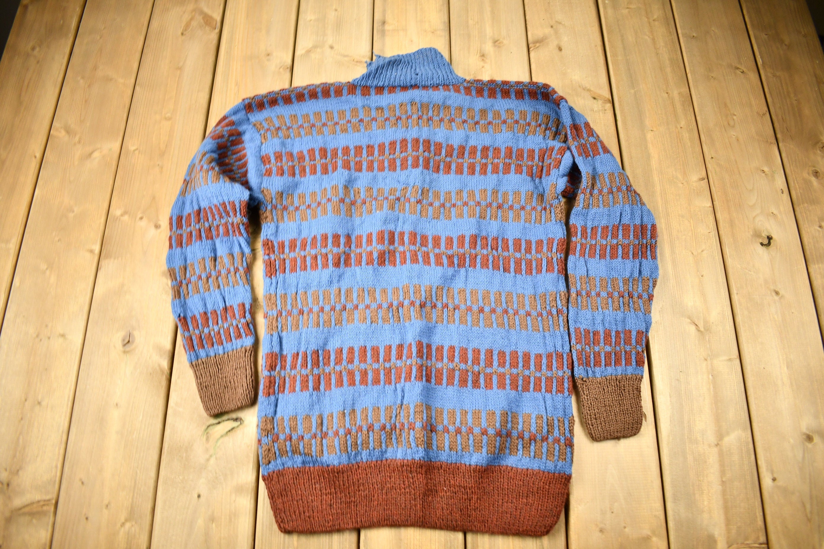 Vintage 1970s Geometric Knitted V-Neck Color Block Sweater