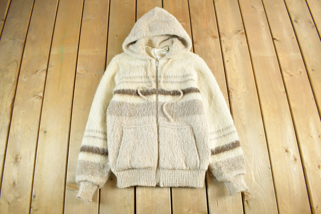 Vintage 80s Wool Knit Hooded Jacket: Striped Sweater, Women's Small