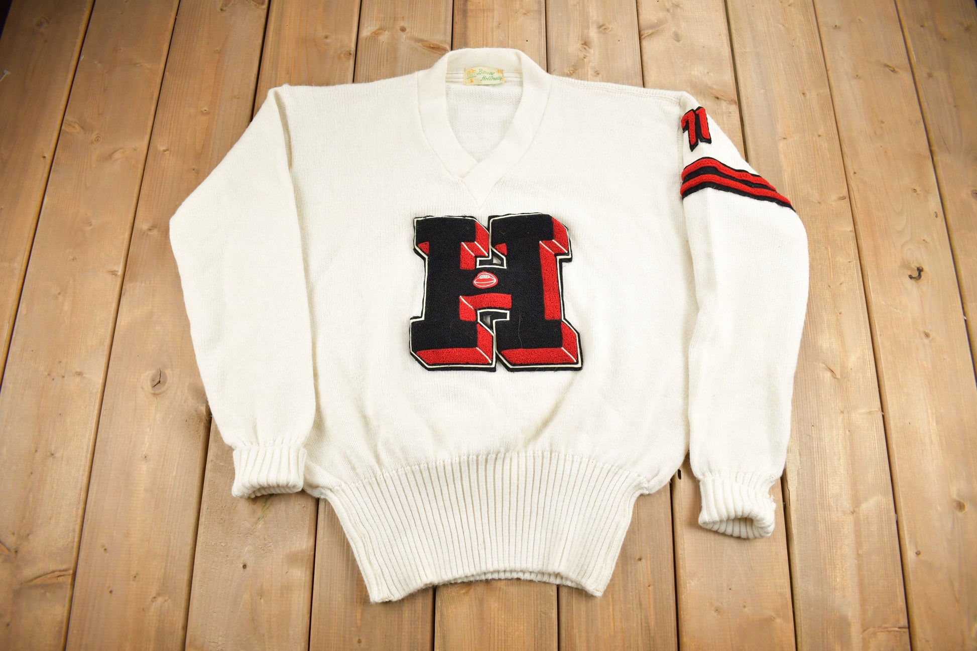 Vintage 1971 100% Wool Collegiate Varsity Style Knit Sweater Athletic True Vintage