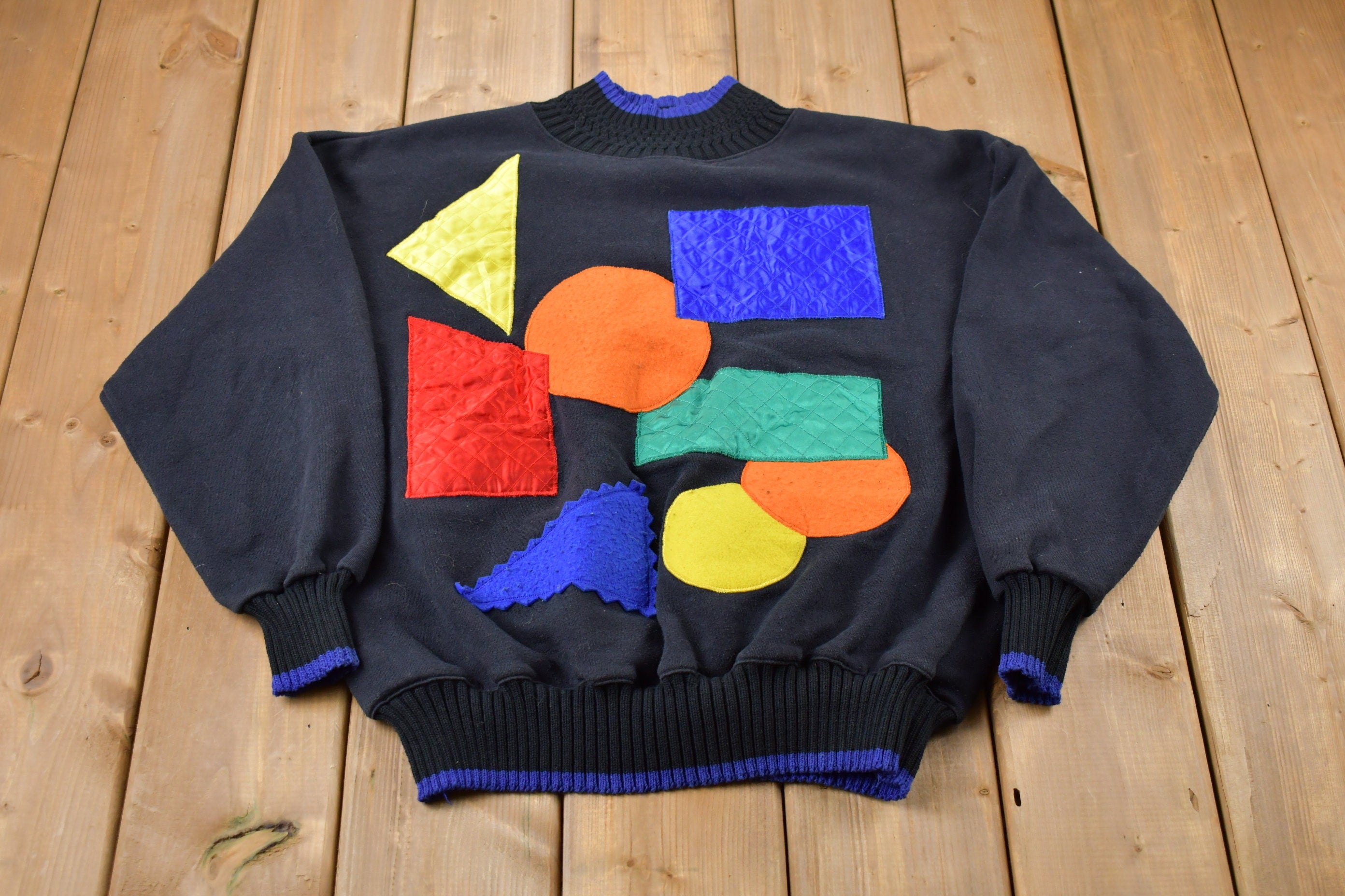 Vintage 1990s Sports Accent Geometric Patchwork Mockneck Sweatshirt