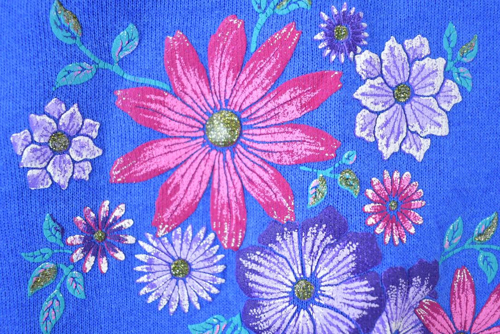 Vintage 1990s Hanes Double Collar Brilliant Blue Floral Cute Crewneck Sweater
